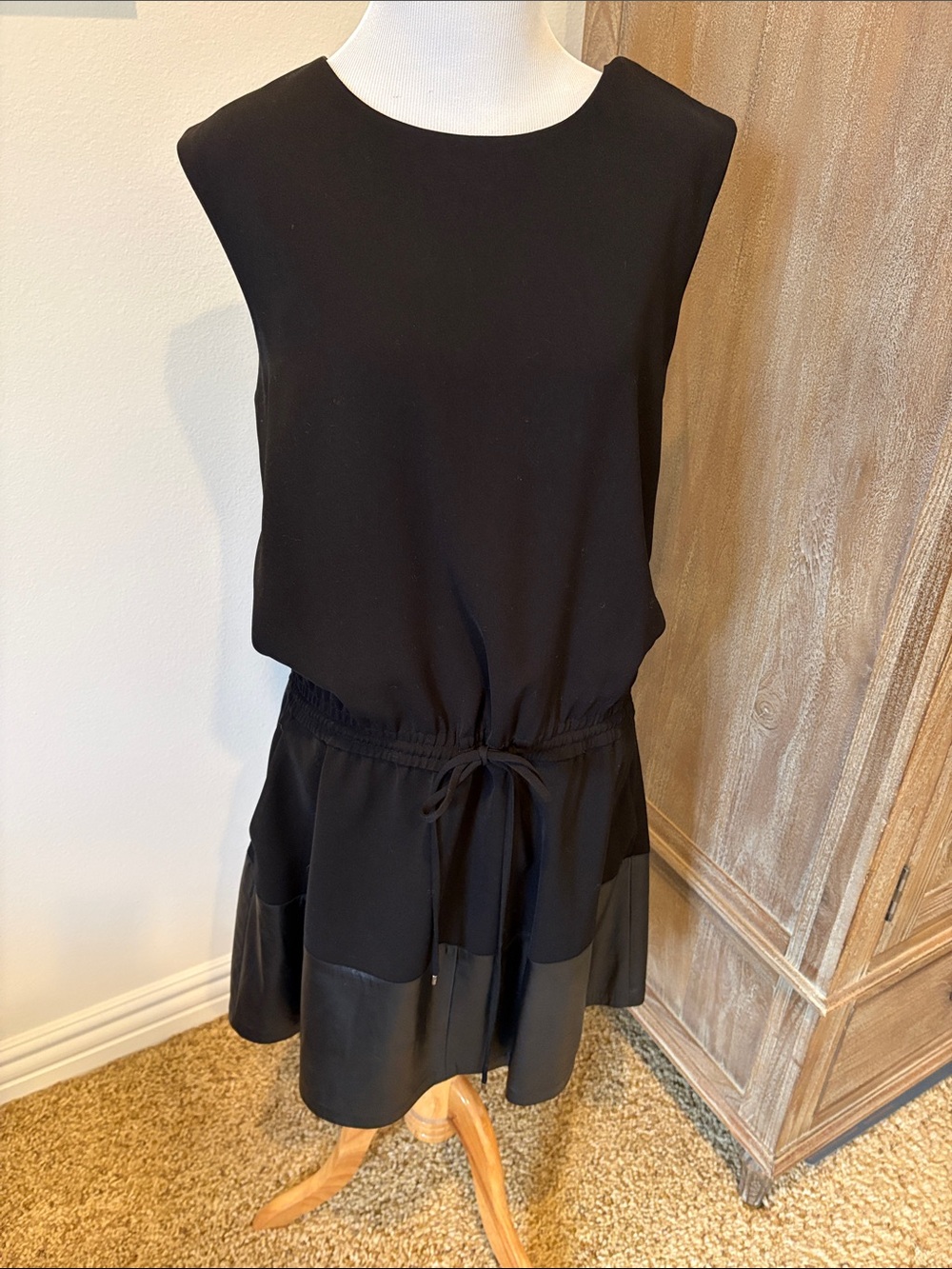 Vince Black Sleeveless Drawstring Waist Dress with contrasting leather